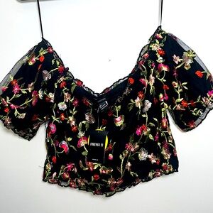 NWT! Forever 21 Black Lace Floral Midriff Off Shoulder Top Large